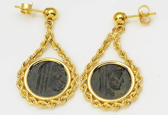 1. ER60 14kt Gold Tear-Drop Rope Earrings With Ancient Roman Bronze Coin