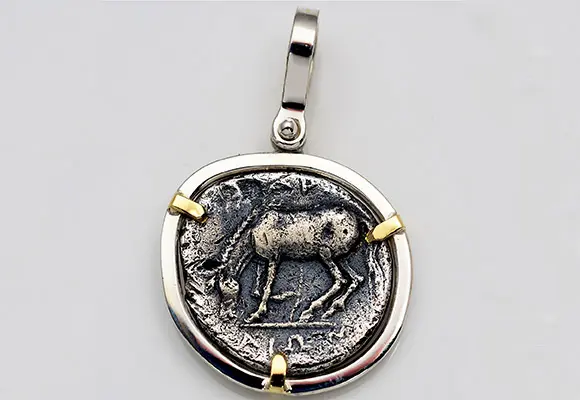 10. CF980 Sterling Silver & 14kt Gold Pendant With Ancient Greek Horse Coin