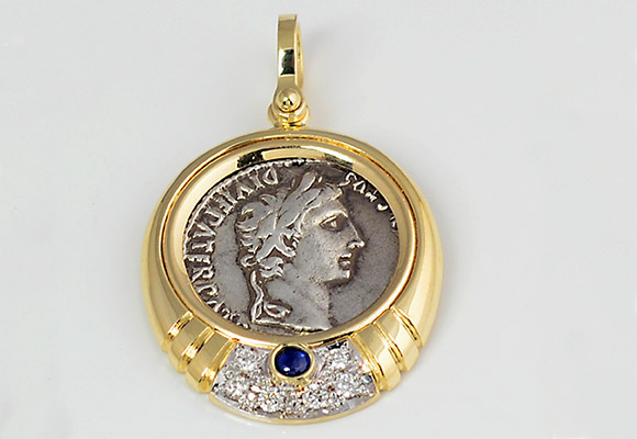 11. CF401 14kt Gold Diamond & Sapphire Pendant With Biblical “Tribute Penny”