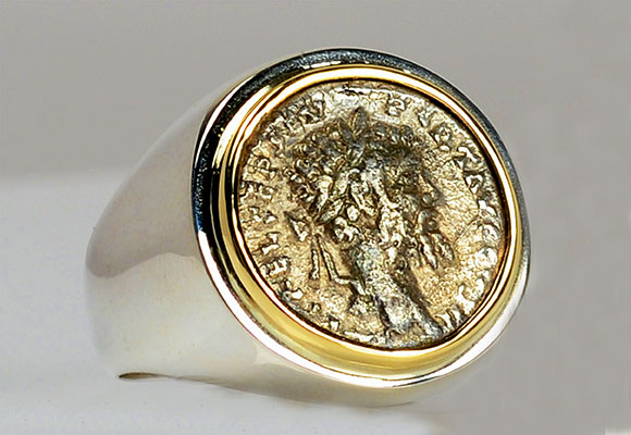 15. CR9300 Sterling Silver + 14kt Gold Ring With Ancient Roman Coin