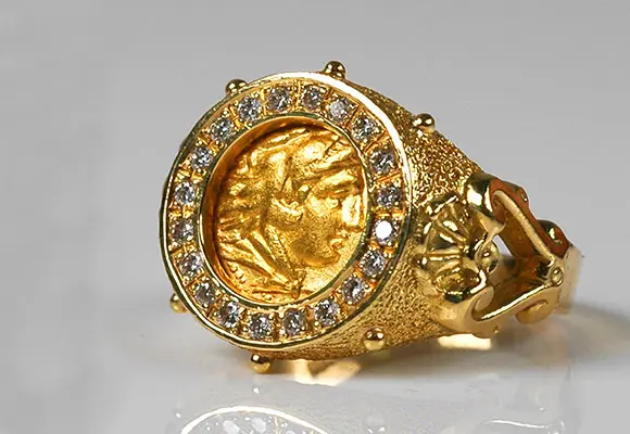 16. CR995 18kt Gold Diamond Ring With Ancient Greek Gold Coin