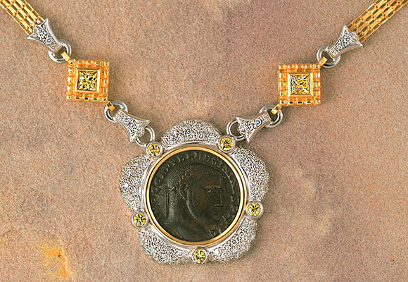 20. N2081 14kt Y.G. Diamond & Yellow Sapphire Necklace With Ancient Roman Coin