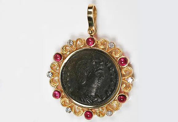 28. CF800 14kt Gold Diamond & Tourmaline Pendant With Ancient Roman Coin