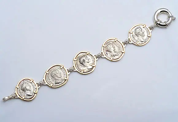 3.BR981 14kt Gold & Sterling Silver Bracelet With Ancient Roman Coins