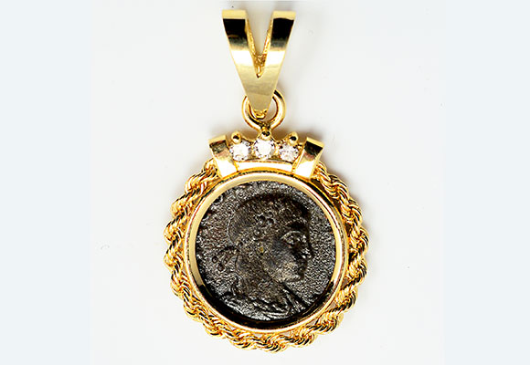 43. CF120 14kt Gold Diamond Pendant With Ancient Roman Bronze Coin