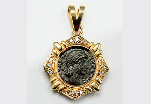 44. CF108 14kt Gold Diamond Pendant Ancient Roman Bronze Coin