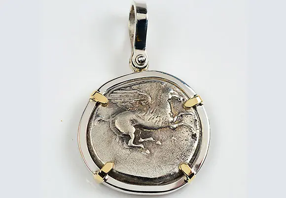 54. CF980 Sterling Silver & 14kt Gold Pendant With Ancient Greek Pegasus Coin