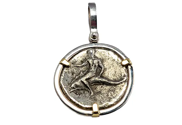 55. CF980 Sterling Silver & 14kt Gold Pendant With Ancient Greek Boy on Dolphin Coin