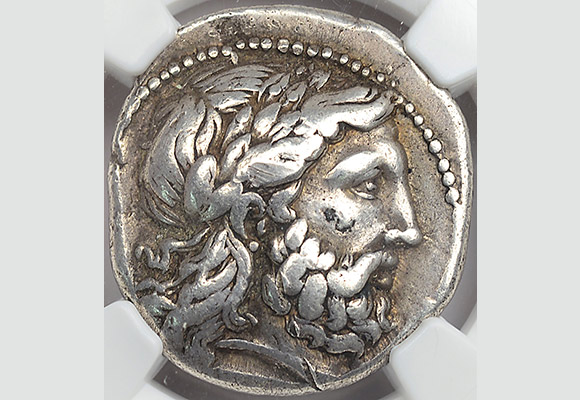 63. NGC VF Ancient Greek Philip II Silver Tetradrachm Coin Father of Alexander the Great Portrait of Zeus