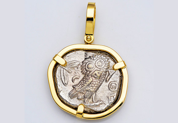 64. CF780.GS Ancient Greek Attica, Athens Owl Tetradrachm Silver Coin 449–413 B.C. in 18kt Gold Pendant