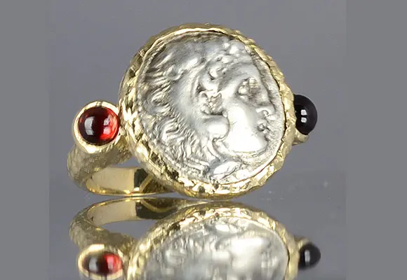 65. CR677 Alexander the Great Silver Drachm Coin in Designer 14kt Gold Ring With Rubies